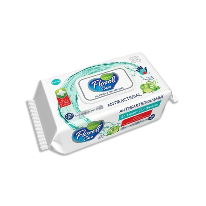 САЛФЕТКИ ВЛАЖНЫЕ FLOVELL CARE (ФЛОВЕЛЛ КЕА) PREMIUM ANTIBACTERIAL №100